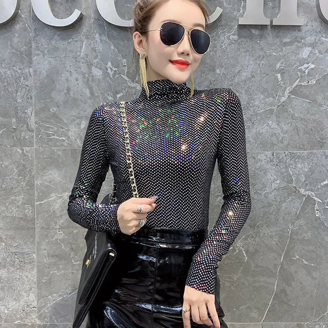 Shiny Sequin Turtleneck Sweater for Women - Long Sleeve Slim Fit Sequin Top