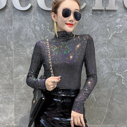 Shiny Sequin Turtleneck Sweater for Women - Long Sleeve Slim Fit Sequin Top