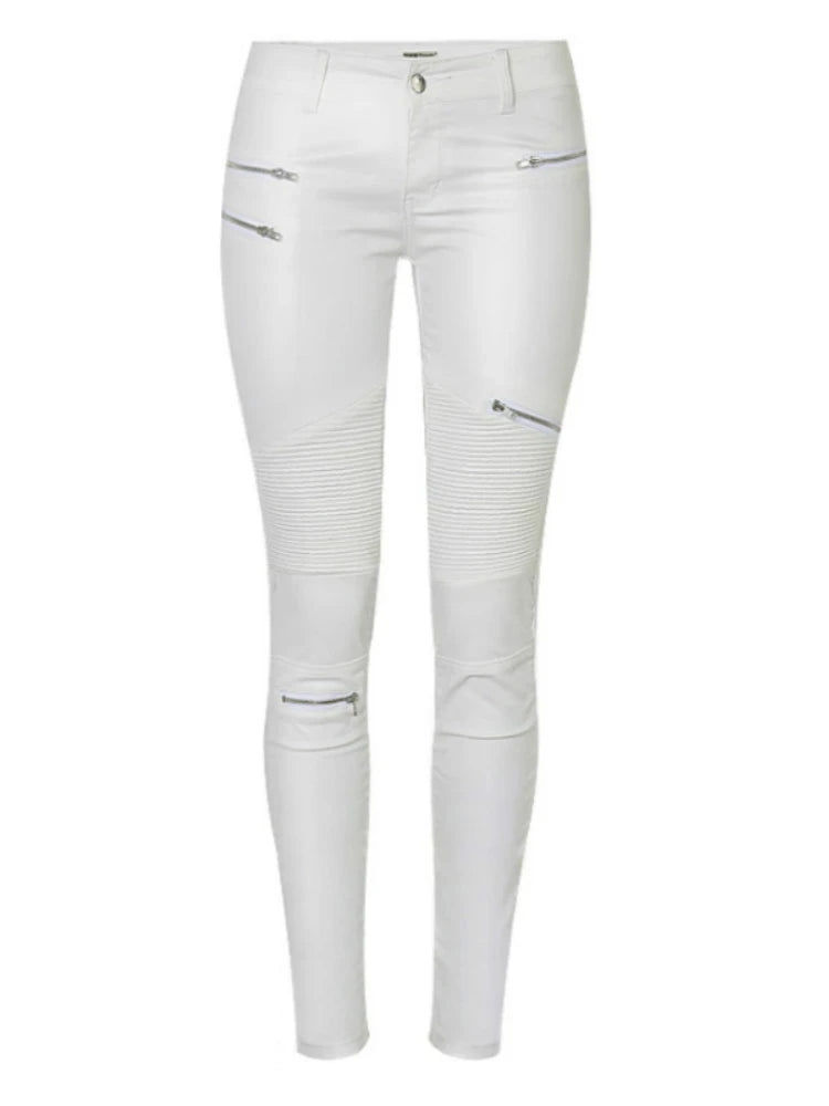 Women's PU Leather-Coated Slim Stretch Pants with Zipper Pockets