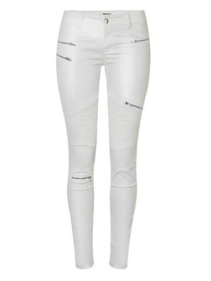 Women's PU Leather-Coated Slim Stretch Pants with Zipper Pockets