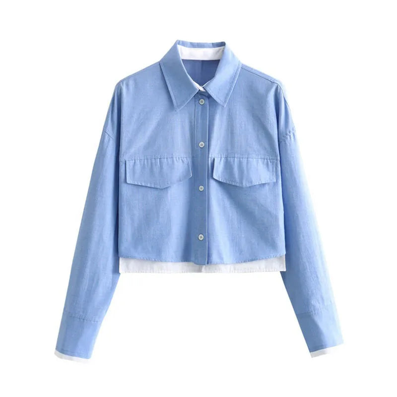 Women's Crop Blouse Shirt with Lapel, Long Sleeves, and Pocket