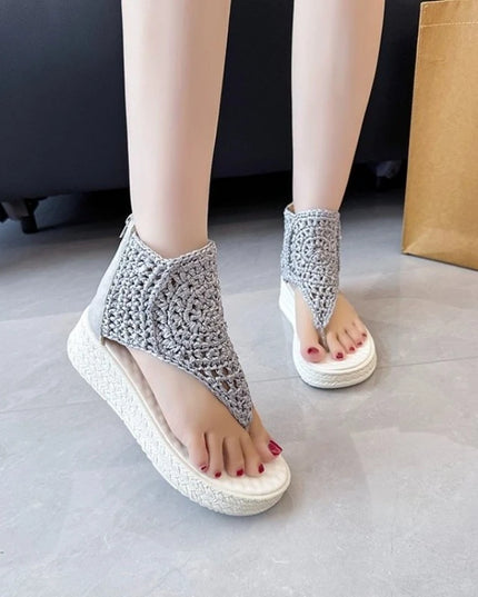Women's Knitted Sandals with Braided Elastic and Mesh Flat Sole