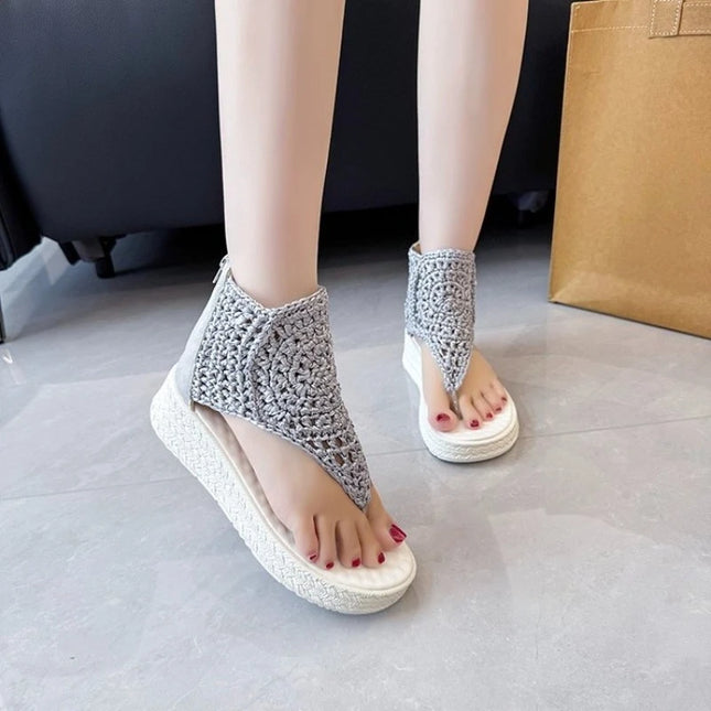 Women's Knitted Sandals with Braided Elastic and Mesh Flat Sole