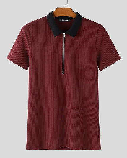 Incerun Men's Knitted T-Shirt with Lapel, Short Sleeve, and Zipper