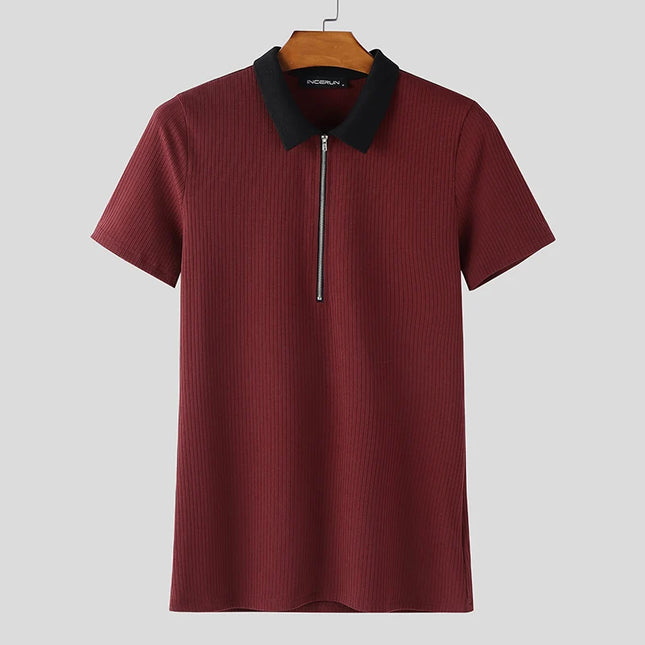 Incerun Men's Knitted T-Shirt with Lapel, Short Sleeve, and Zipper