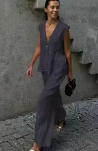 Women's 2-Piece V-Neck Backless Halter Lace-Up Vest with Straight Pants