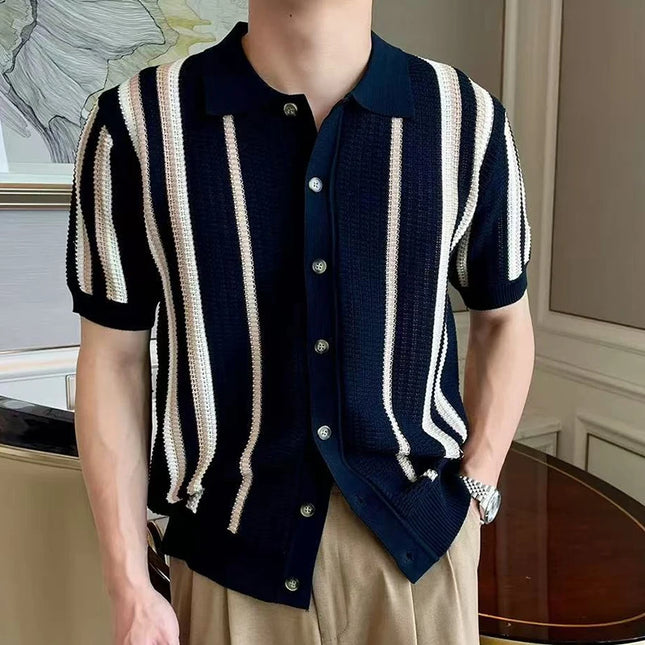 Men's Retro Style Striped Knit Polo Shirt - Casual Classic