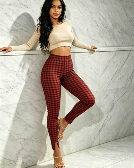 Casual High-Waisted Checkered Print Women's Trousers