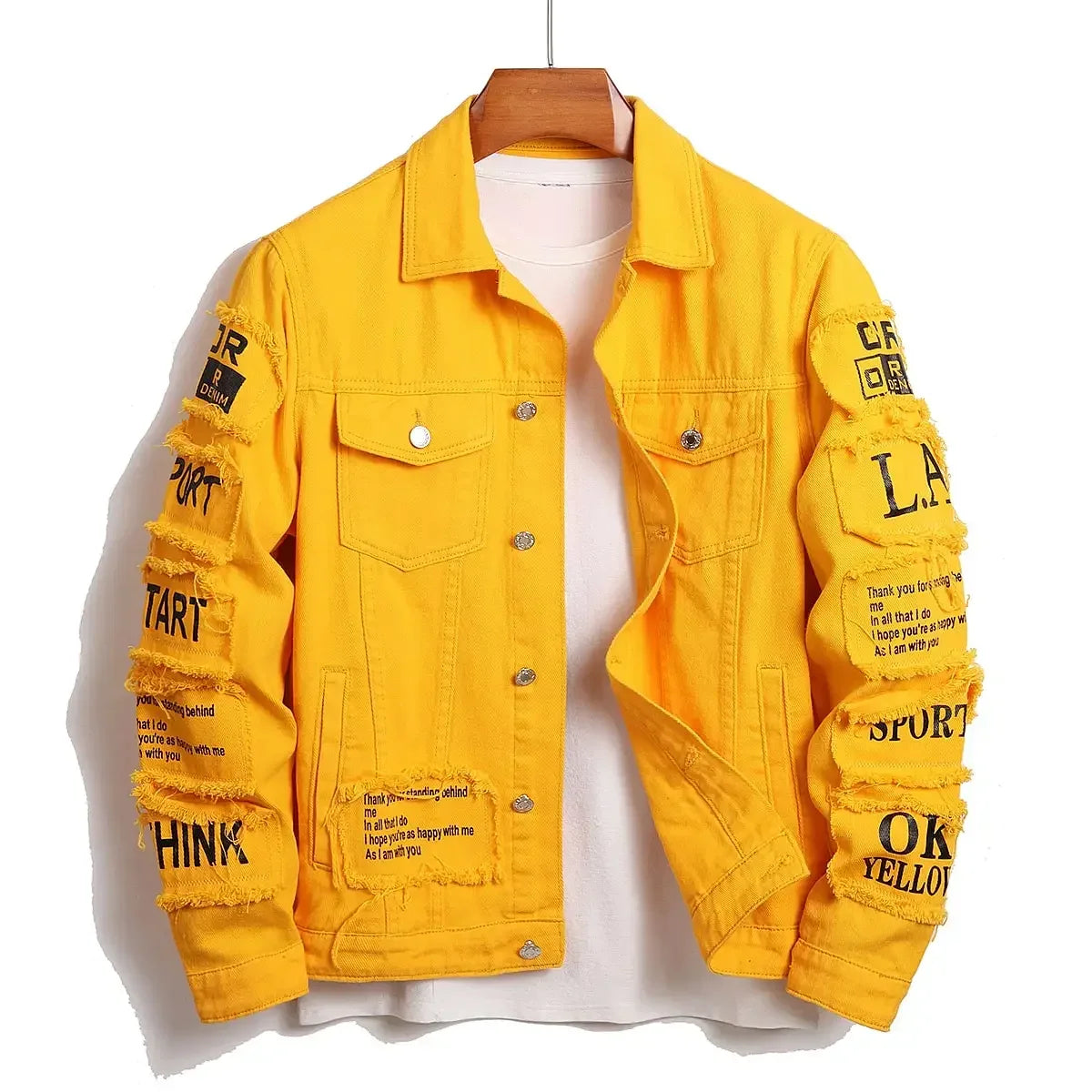 Yellow denim jacket with text on a white background