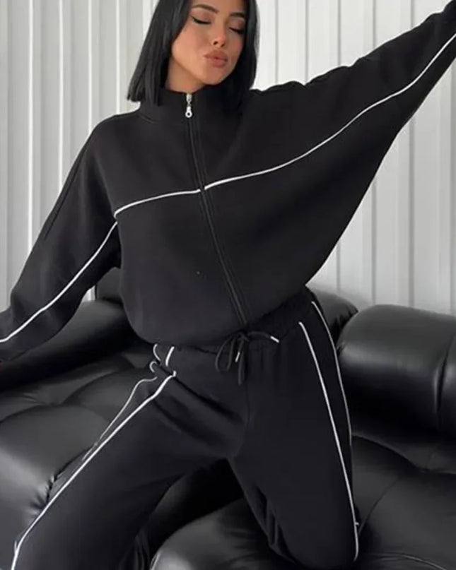 Women's Two-Piece Striped Zipper Jacket and Pants Set