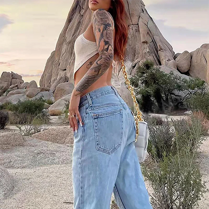 "Vintage Women's Wide Leg Baggy Jeans - Low Rise Loose Fit Denim Pants