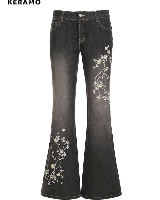 Keramo Women's Plant Embroidery Flare Jeans - Vintage Denim Trousers for Women