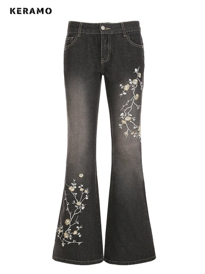 Keramo Women's Plant Embroidery Flare Jeans - Vintage Denim Trousers for Women