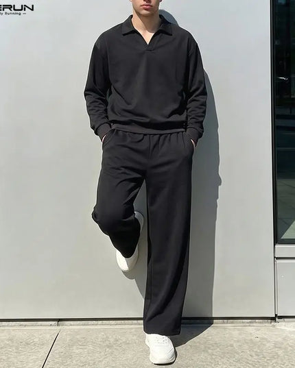 INCERUN Men’s Two-Piece Set with Long-Sleeve Sweatshirt and Wide-Leg Pants