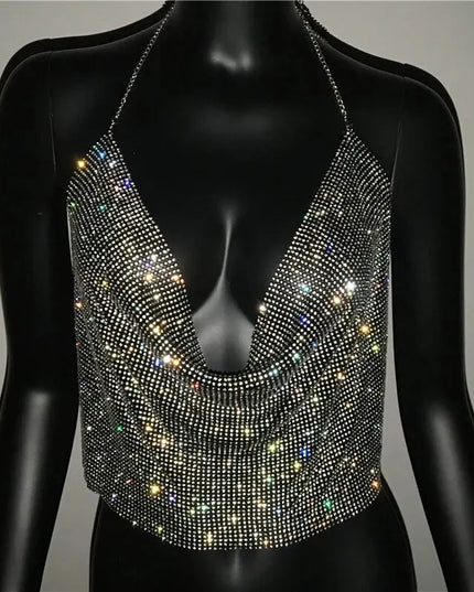 Glittering Backless Crop Top with Rhinestone V-Neck Design For Women