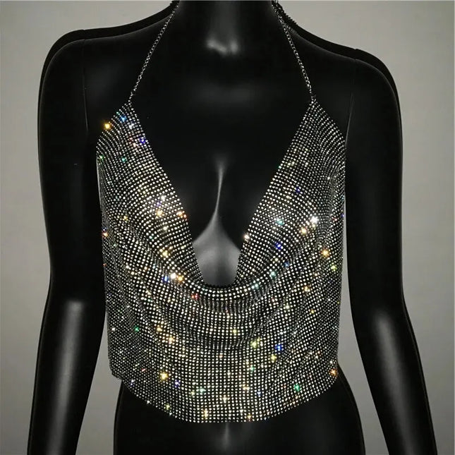 Glittering Backless Crop Top with Rhinestone V-Neck Design For Women