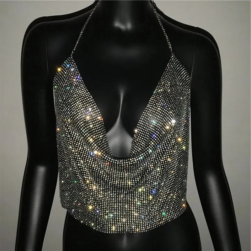 Glittering Backless Crop Top with Rhinestone V-Neck Design For Women
