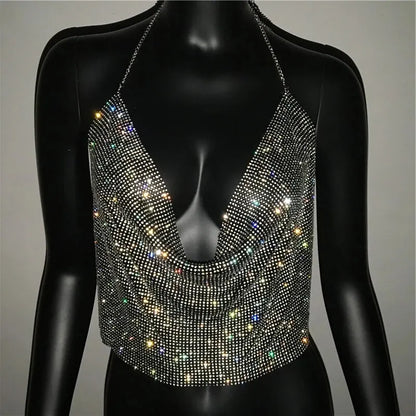 Glittering Backless Crop Top with Rhinestone V-Neck Design For Women