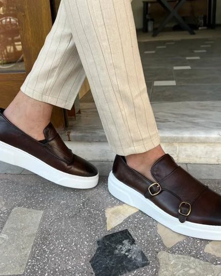 Men's Faux Leather Slip-On Shoes with Double Buckle