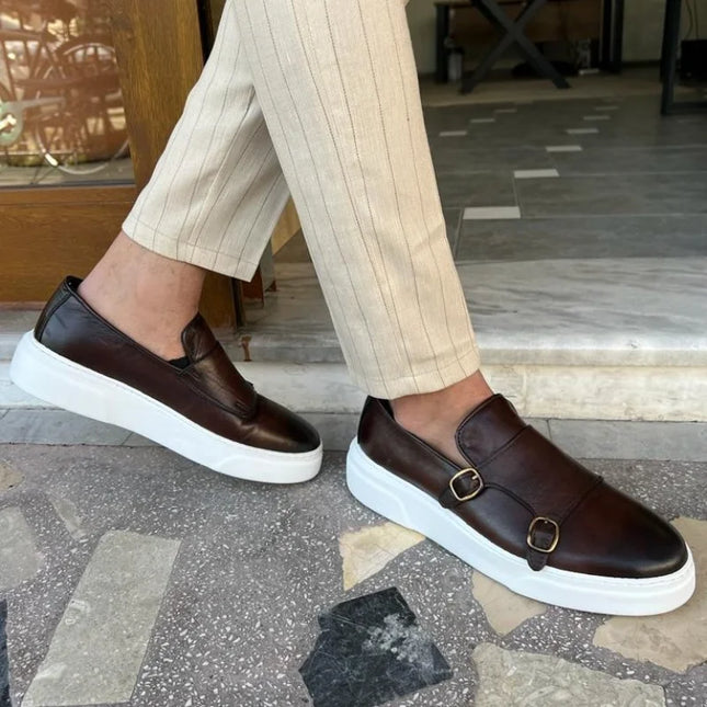 Men's Faux Leather Slip-On Shoes with Double Buckle