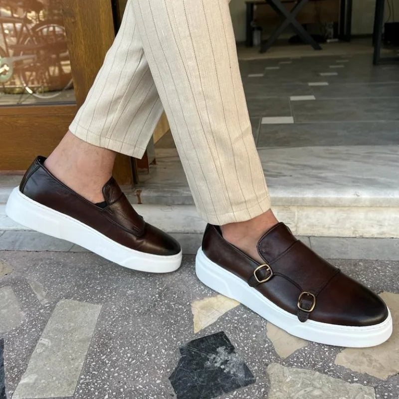 Men's Faux Leather Slip-On Shoes with Double Buckle