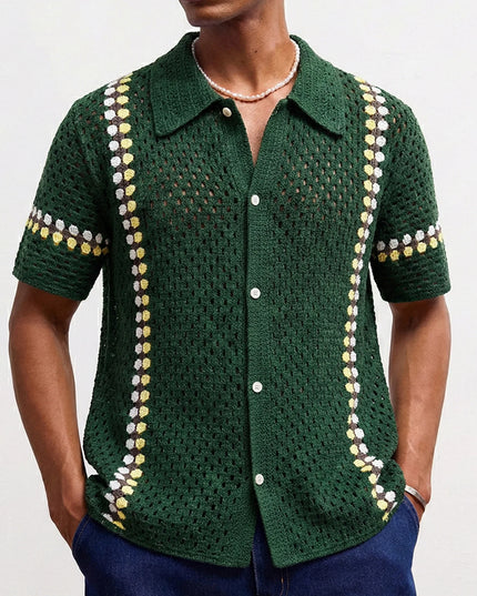Men's Crochet Short Sleeve Casual Button-Down Shirt