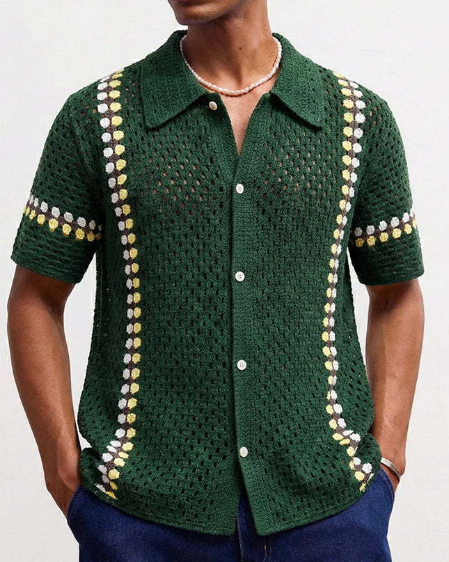 Men's Crochet Short Sleeve Casual Button-Down Shirt