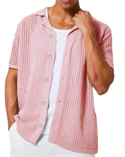 Men's Casual Knitted Shirt with Lapel - Hollow-Out Design - Button Closure