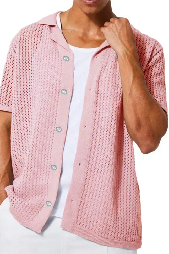 Men's Casual Knitted Shirt with Lapel - Hollow-Out Design - Button Closure