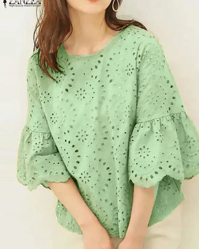 ZANZEA Women's Casual Loose Blouse with Hollow Out Lace Crochet Embroidery