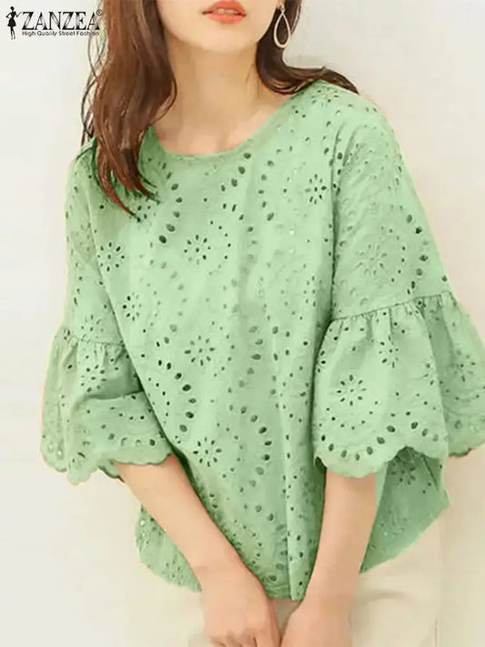 ZANZEA Women's Casual Loose Blouse with Hollow Out Lace Crochet Embroidery