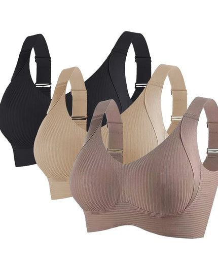 3-Piece Women's Non-Wire Push-Up Bra Set with Seamless Ribbed Design