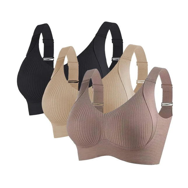 3-Piece Women's Non-Wire Push-Up Bra Set with Seamless Ribbed Design