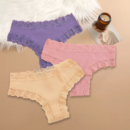Set of 3 Women's Cotton Lace Panties - Floral Print & Trendy Patchwork Briefs