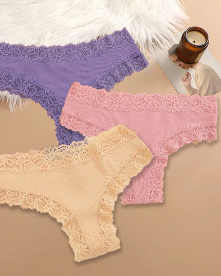 Set of 3 Women's Cotton Lace Panties - Floral Print & Trendy Patchwork Briefs