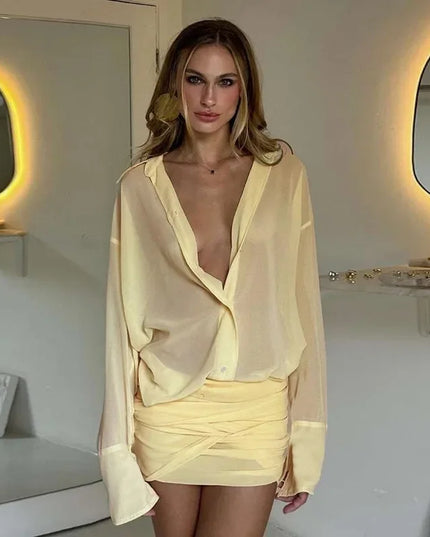 Women's Shirt Dress with Lapel, Slim Fit, Short Length, Pleated Design, and Sheer Fabric