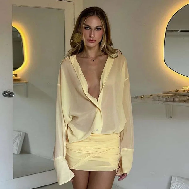 Women's Shirt Dress with Lapel, Slim Fit, Short Length, Pleated Design, and Sheer Fabric