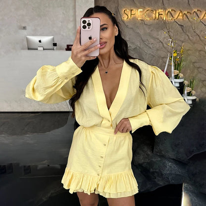 Women's Ruffled Shirt Dress with Deep V-Neck, Loose Lantern Sleeves