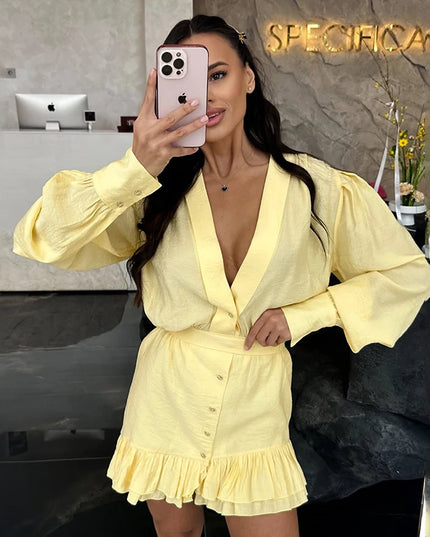 Women's Ruffled Shirt Dress with Deep V-Neck, Loose Lantern Sleeves