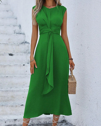 Women's Elegant Belted Midi Dress with Thin Front Straps
