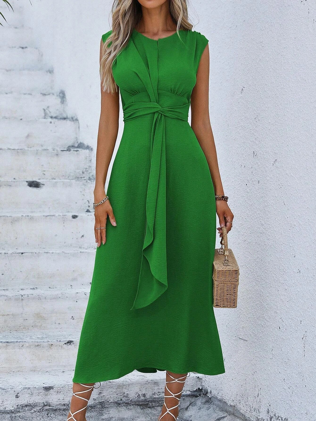 Women's Elegant Belted Midi Dress with Thin Front Straps