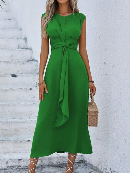 Women's Elegant Belted Midi Dress with Thin Front Straps