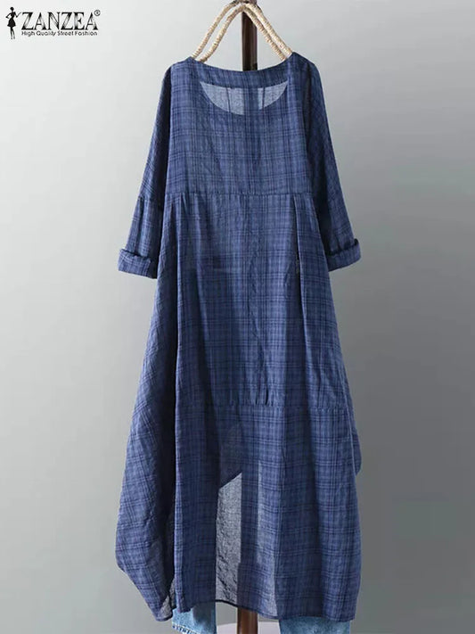 Zanzea Vintage Plaid Midi Dress - Long Sleeve - Women's Casual Dress