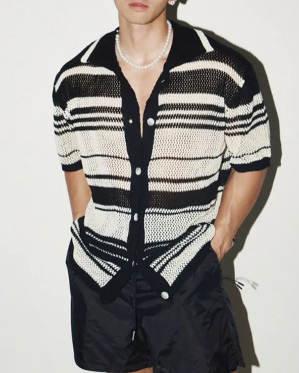 Men's Casual Loose Short-Sleeved Knitted Shirt with Lapel, Hollow-Out Design, and Stripes
