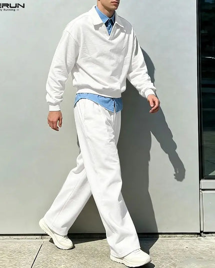 INCERUN Men’s Two-Piece Set with Long-Sleeve Sweatshirt and Wide-Leg Pants