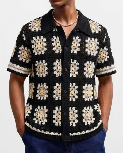Men's Crochet Short Sleeve Casual Button-Down Shirt