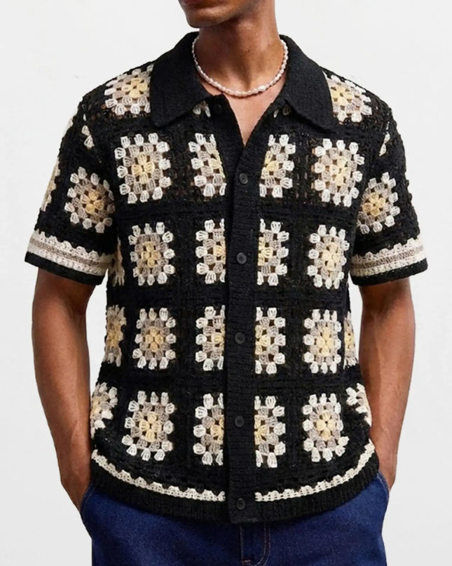 Men's Crochet Short Sleeve Casual Button-Down Shirt