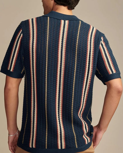 Men's Stylish Knitted Short Sleeve Striped Shirt with Lapel and Button Closure