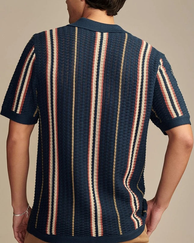Men's Stylish Knitted Short Sleeve Striped Shirt with Lapel and Button Closure