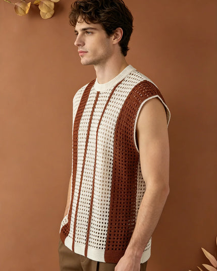 Men's Hollow-Out Knitted Striped Vest - Loose Fit